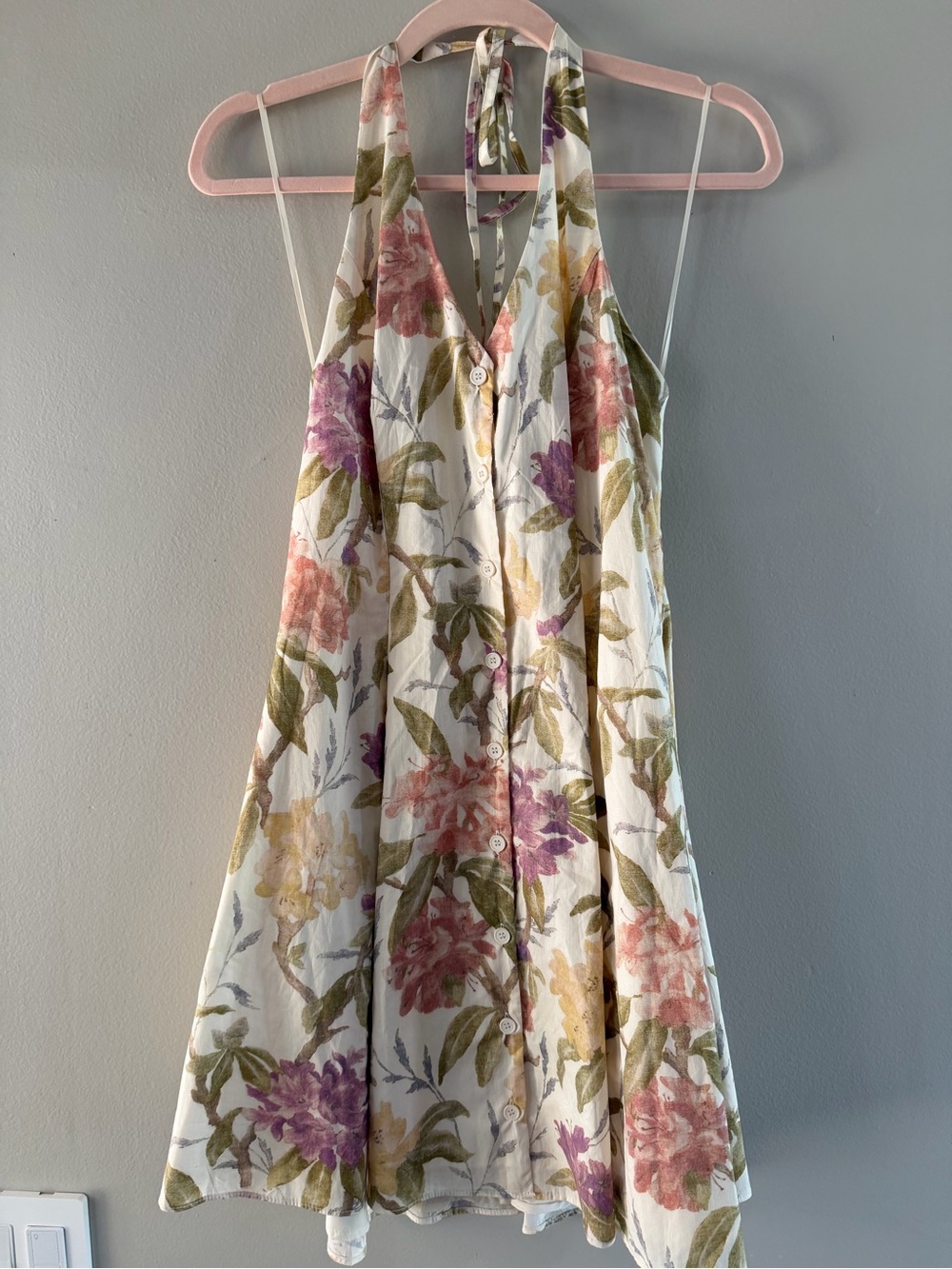 Backless Halter Floral Sundress in Cream with Pink & Purple Blooms